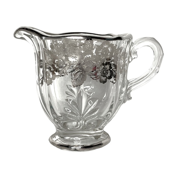Fostoria Baroque Cream and Sugar with Silver Overlay of Wild Roses Elegant Glass - Picture 3 of 13